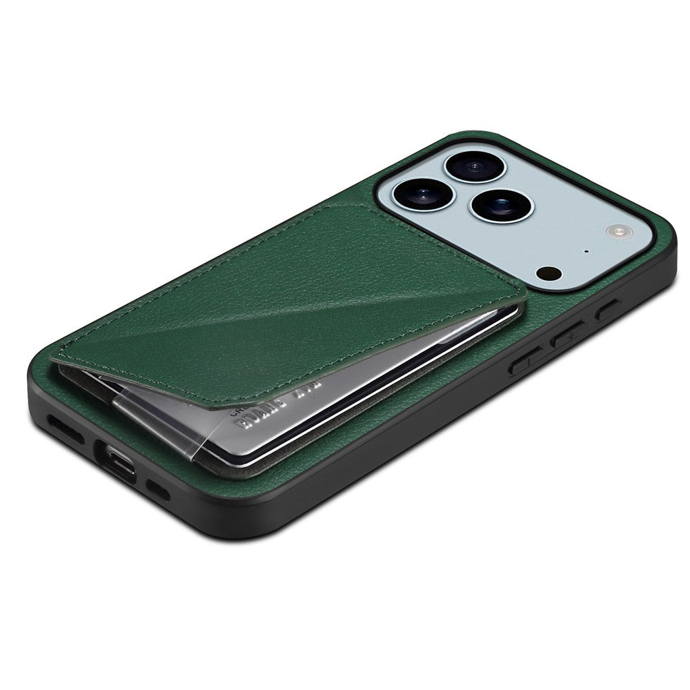 For iPhone 17 Pro Max Case Card Holder Kickstand Calf Textured Leather + PC + TPU Phone Cover - Green