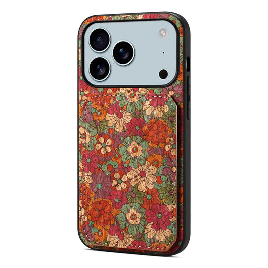 For iPhone 17 Pro Max Case with Card Holder Kickstand Flowers Design Leather Phone Cover - Summer / Red