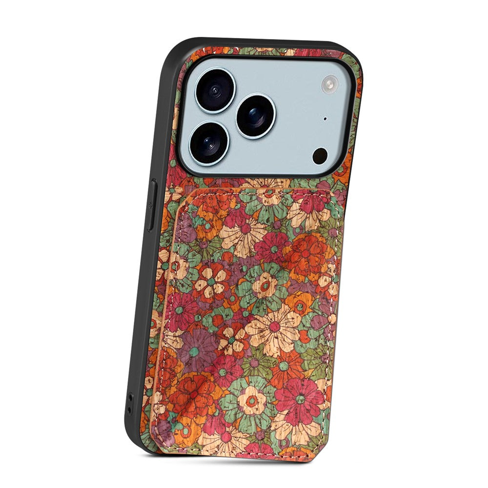 For iPhone 17 Pro Max Case with Card Holder Kickstand Flowers Design Leather Phone Cover - Summer / Red