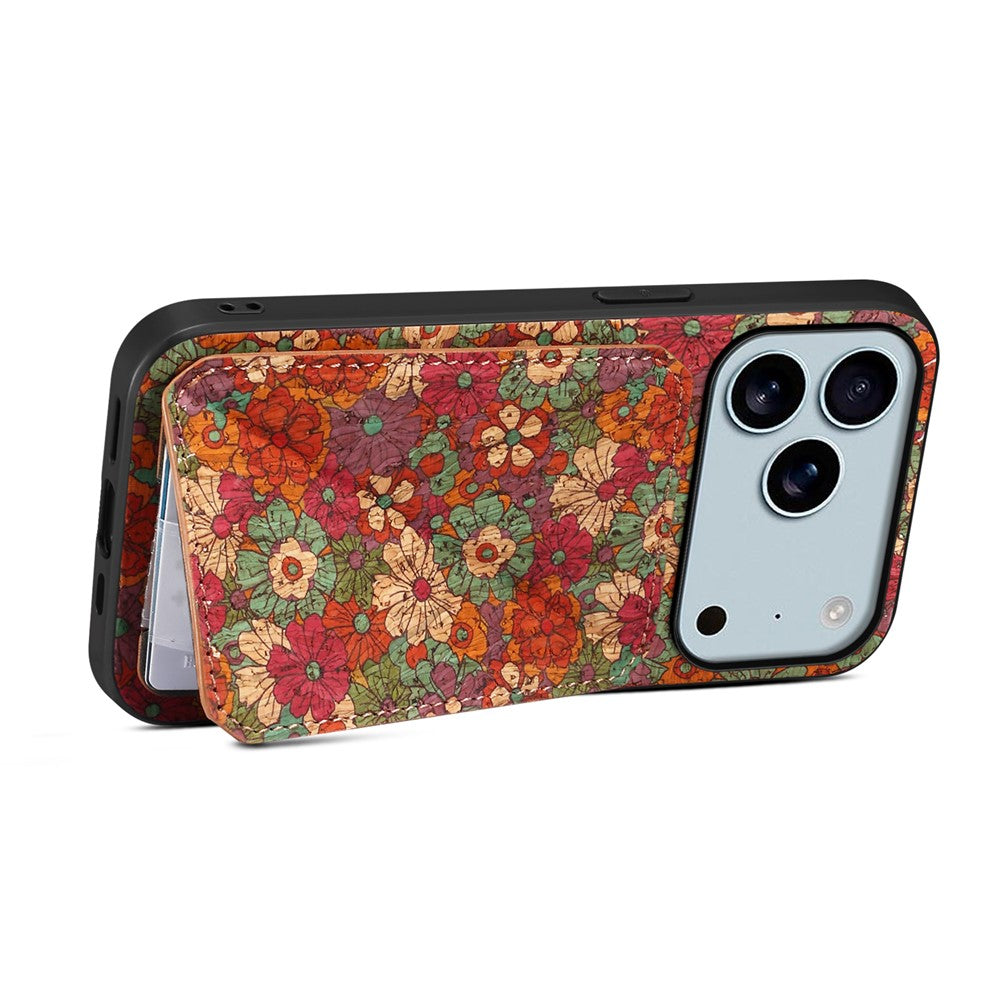 For iPhone 17 Pro Max Case with Card Holder Kickstand Flowers Design Leather Phone Cover - Summer / Red