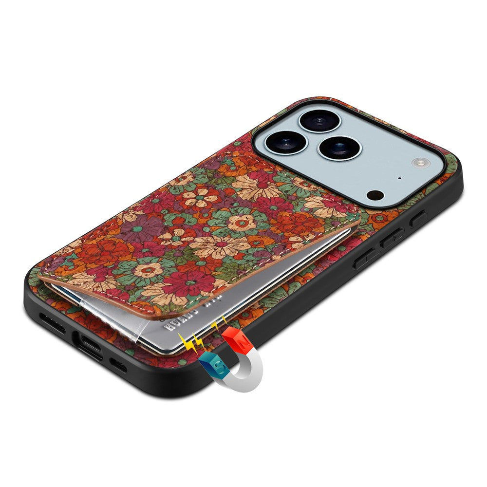 For iPhone 17 Pro Max Case with Card Holder Kickstand Flowers Design Leather Phone Cover - Summer / Red