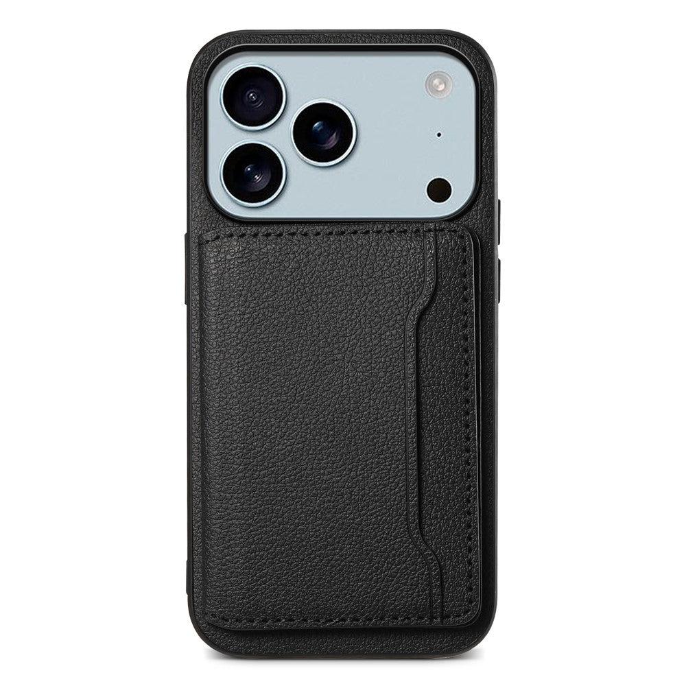 For iPhone 17 Pro Max Case with Card Slots Kickstand Calf Texture Leather Phone Back Cover - Black