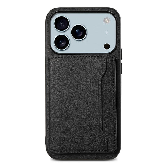 For iPhone 17 Pro Max Case with Card Slots Kickstand Calf Texture Leather Phone Back Cover - Black