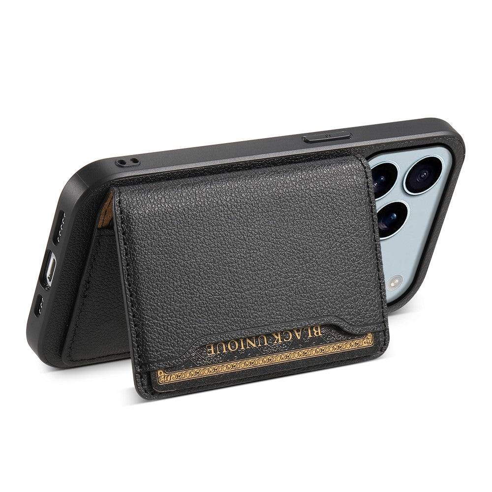 For iPhone 17 Pro Max Case with Card Slots Kickstand Calf Texture Leather Phone Back Cover - Black