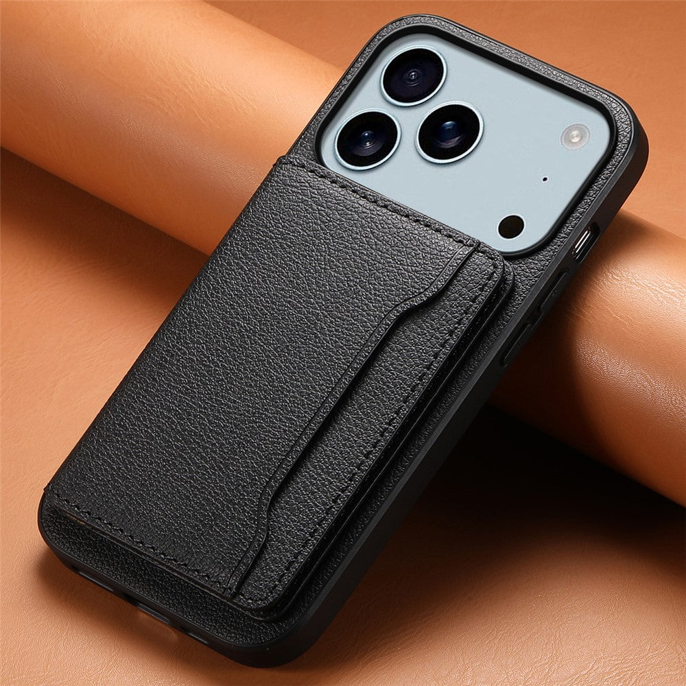 For iPhone 17 Pro Max Case with Card Slots Kickstand Calf Texture Leather Phone Back Cover - Black