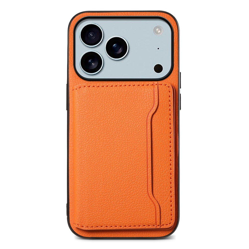 For iPhone 17 Pro Max Case with Card Slots Kickstand Calf Texture Leather Phone Back Cover - Orange