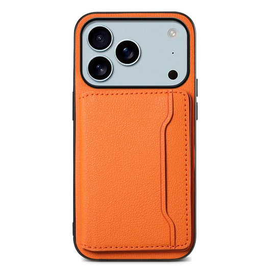 For iPhone 17 Pro Max Case with Card Slots Kickstand Calf Texture Leather Phone Back Cover - Orange