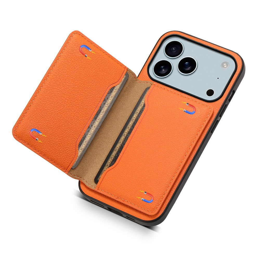 For iPhone 17 Pro Max Case with Card Slots Kickstand Calf Texture Leather Phone Back Cover - Orange