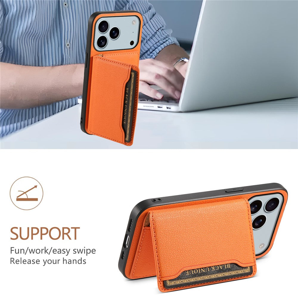 For iPhone 17 Pro Max Case with Card Slots Kickstand Calf Texture Leather Phone Back Cover - Orange