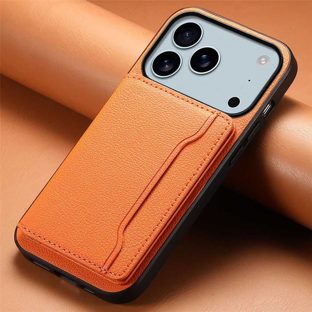 For iPhone 17 Pro Max Case with Card Slots Kickstand Calf Texture Leather Phone Back Cover - Orange