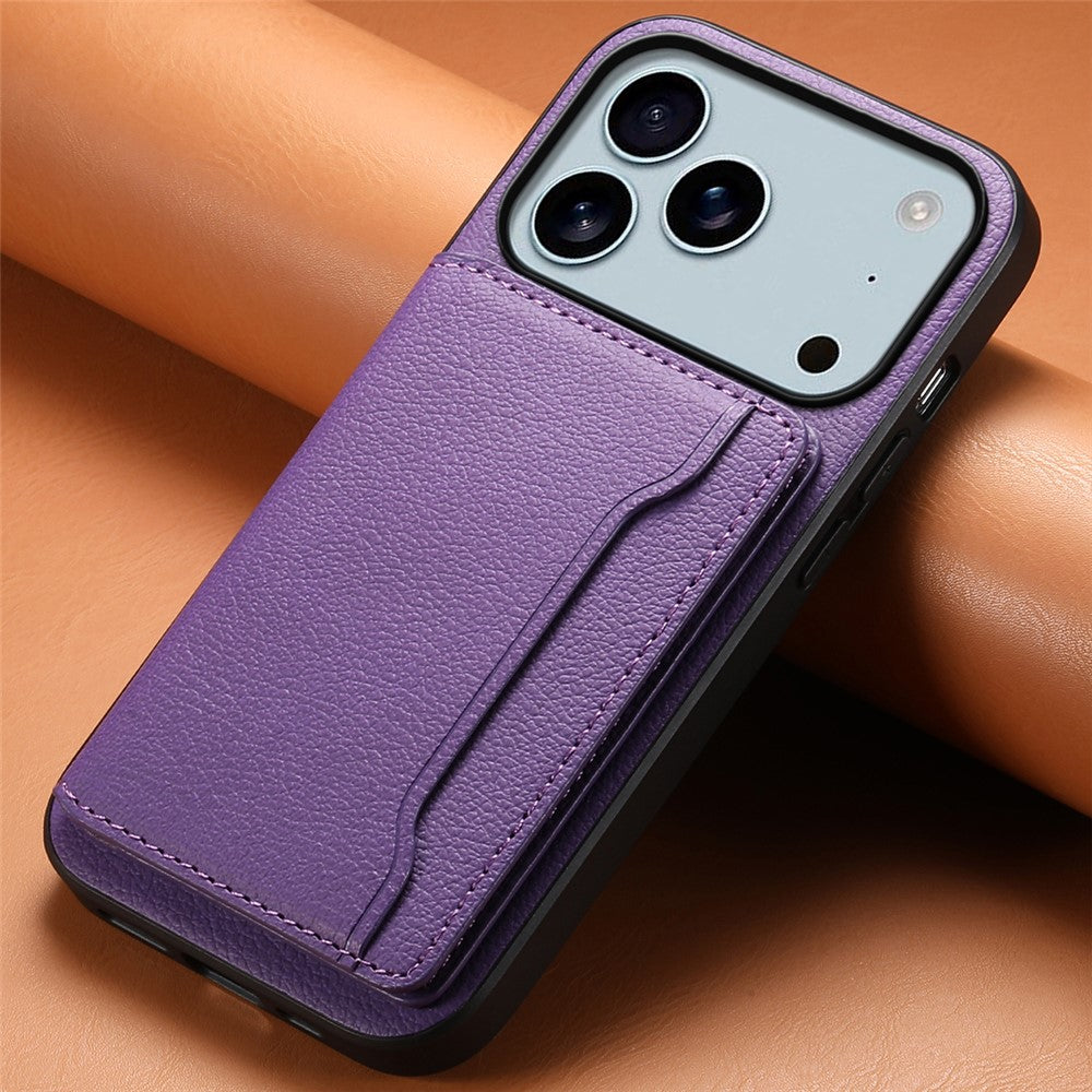 For iPhone 17 Pro Max Case with Card Slots Kickstand Calf Texture Leather Phone Back Cover - Purple