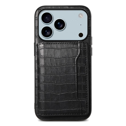 For iPhone 17 Pro Max Case Card Holder Kickstand Crocodile Texture Leather Back Phone Cover - Black