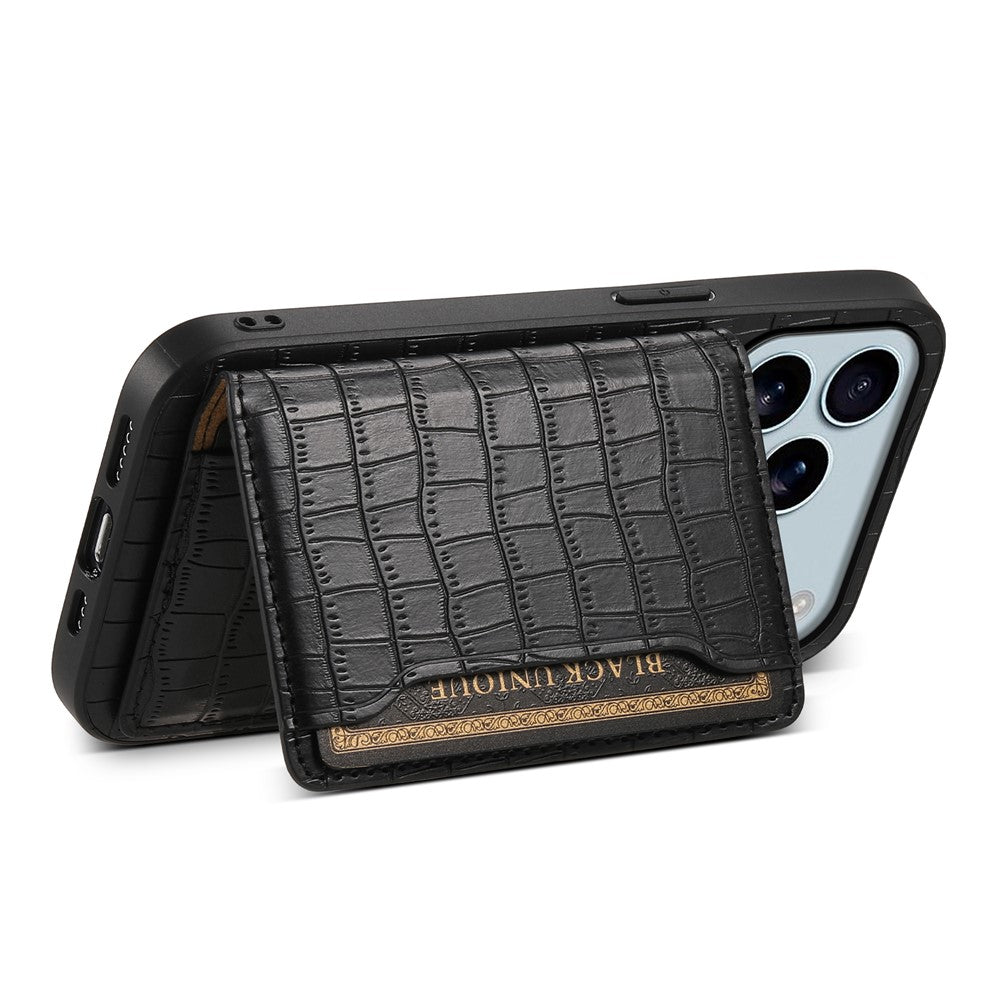 For iPhone 17 Pro Max Case Card Holder Kickstand Crocodile Texture Leather Back Phone Cover - Black