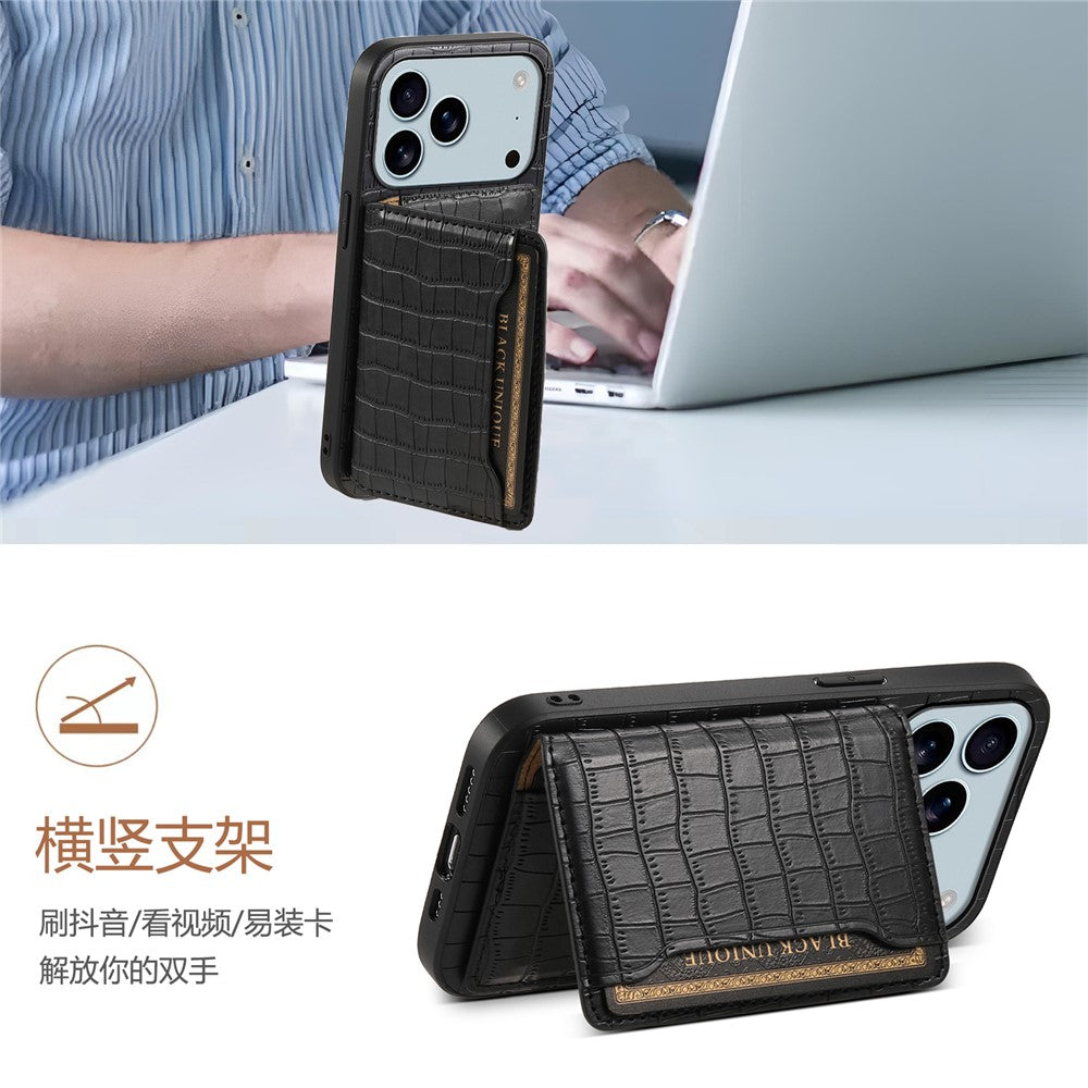 For iPhone 17 Pro Max Case Card Holder Kickstand Crocodile Texture Leather Back Phone Cover - Black