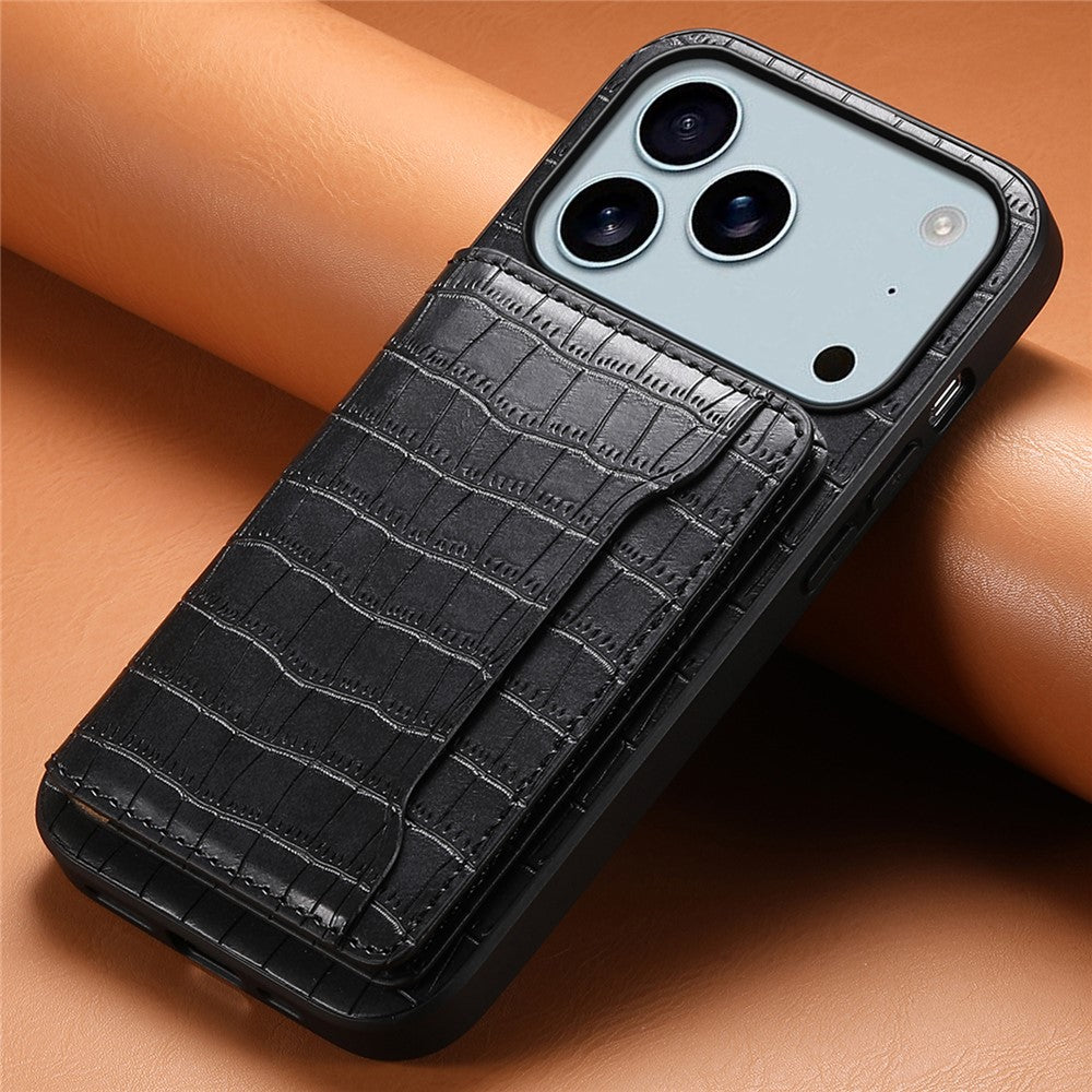For iPhone 17 Pro Max Case Card Holder Kickstand Crocodile Texture Leather Back Phone Cover - Black