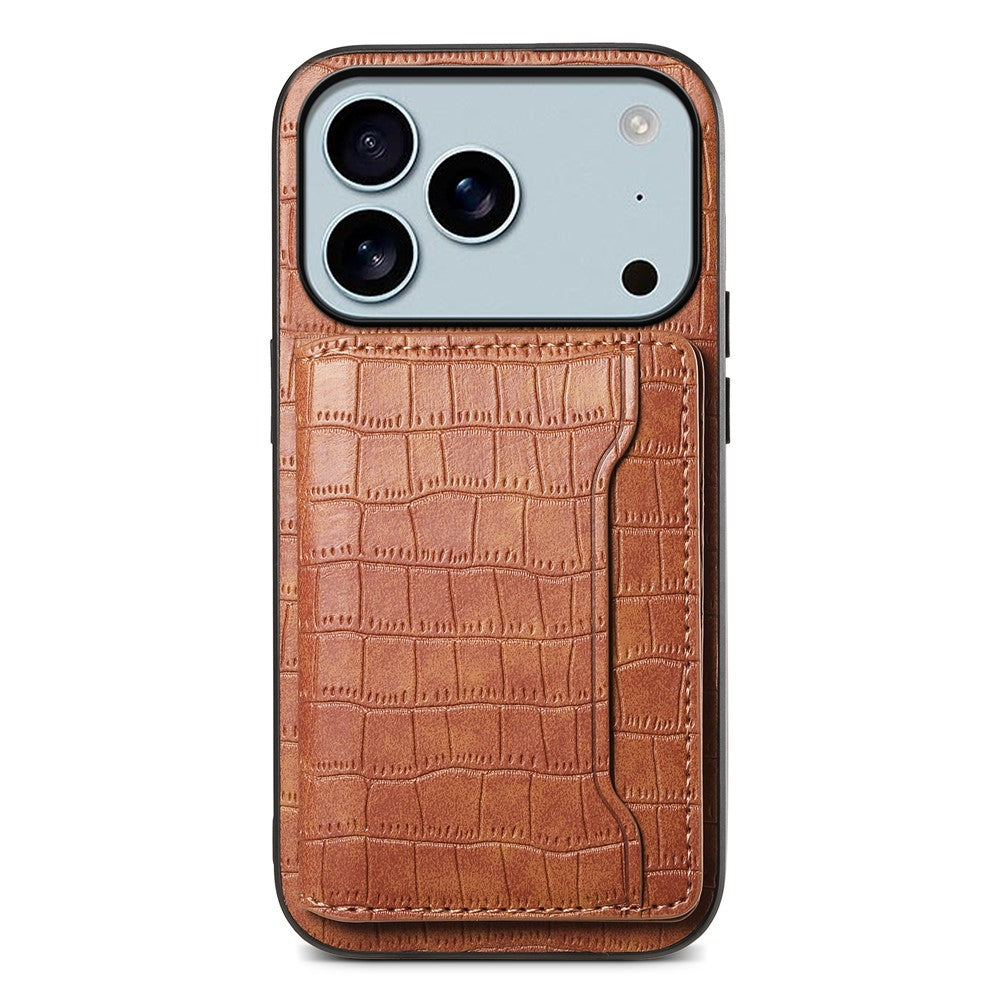 For iPhone 17 Pro Max Case Card Holder Kickstand Crocodile Texture Leather Back Phone Cover - Brown