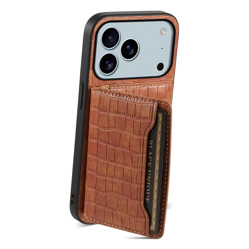 For iPhone 17 Pro Max Case Card Holder Kickstand Crocodile Texture Leather Back Phone Cover - Brown
