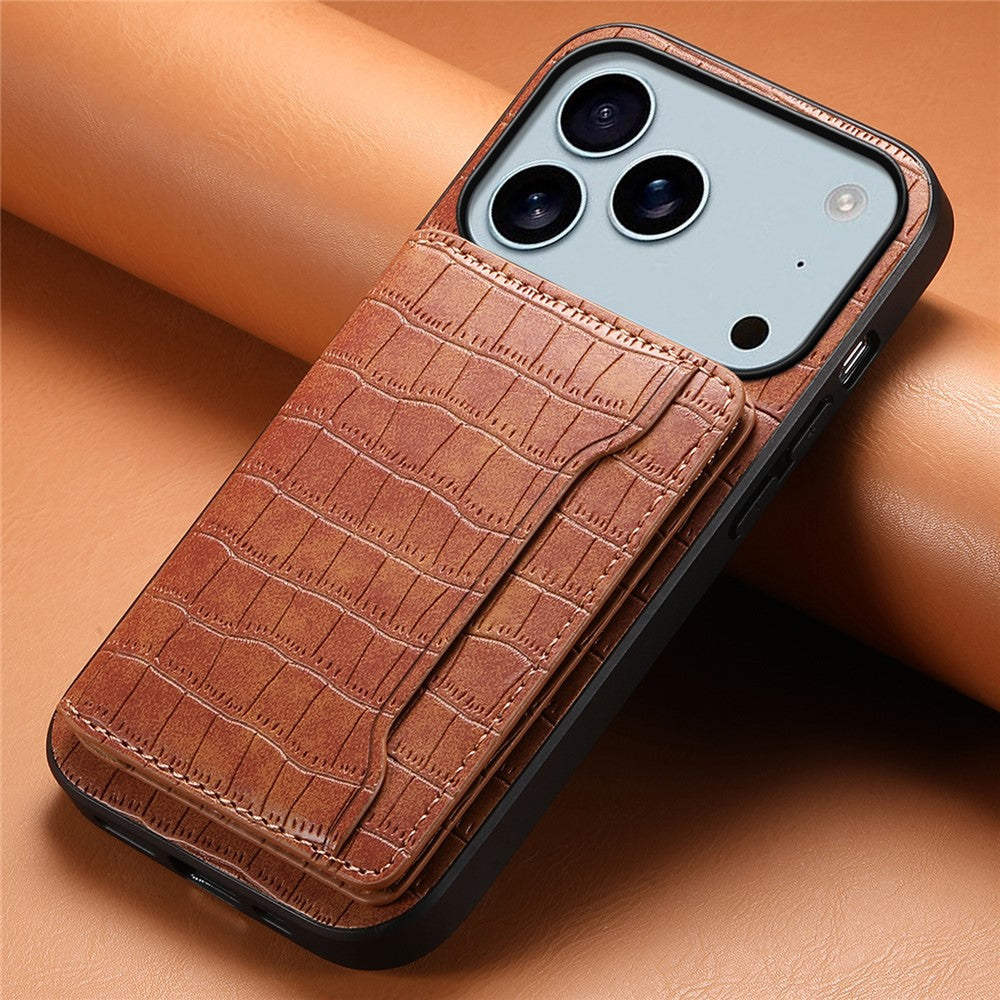 For iPhone 17 Pro Max Case Card Holder Kickstand Crocodile Texture Leather Back Phone Cover - Brown