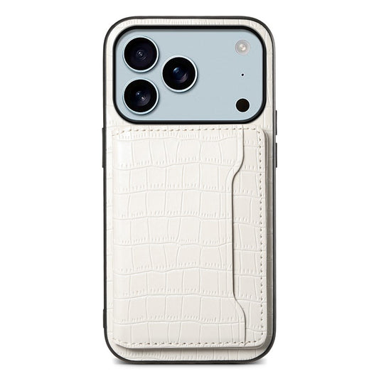 For iPhone 17 Pro Max Case Card Holder Kickstand Crocodile Texture Leather Back Phone Cover - White