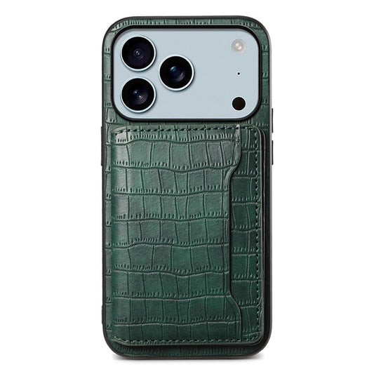 For iPhone 17 Pro Max Case Card Holder Kickstand Crocodile Texture Leather Back Phone Cover - Green