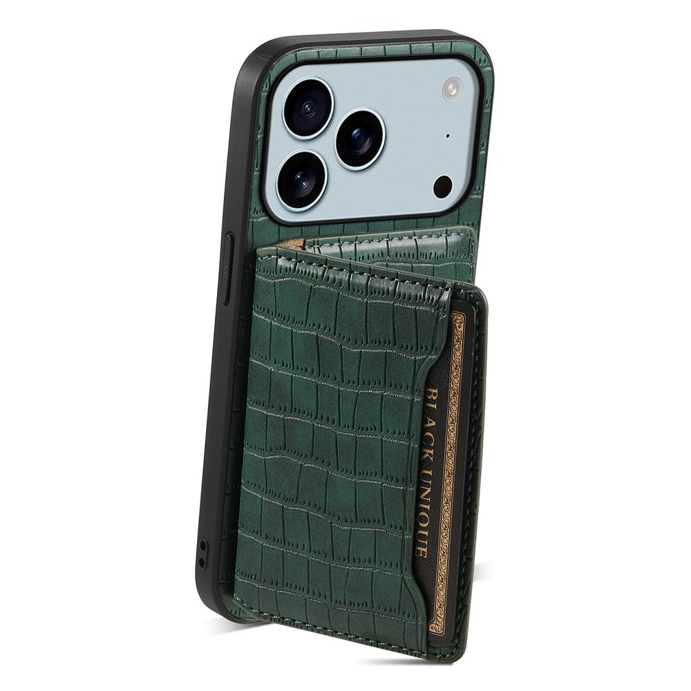 For iPhone 17 Pro Max Case Card Holder Kickstand Crocodile Texture Leather Back Phone Cover - Green