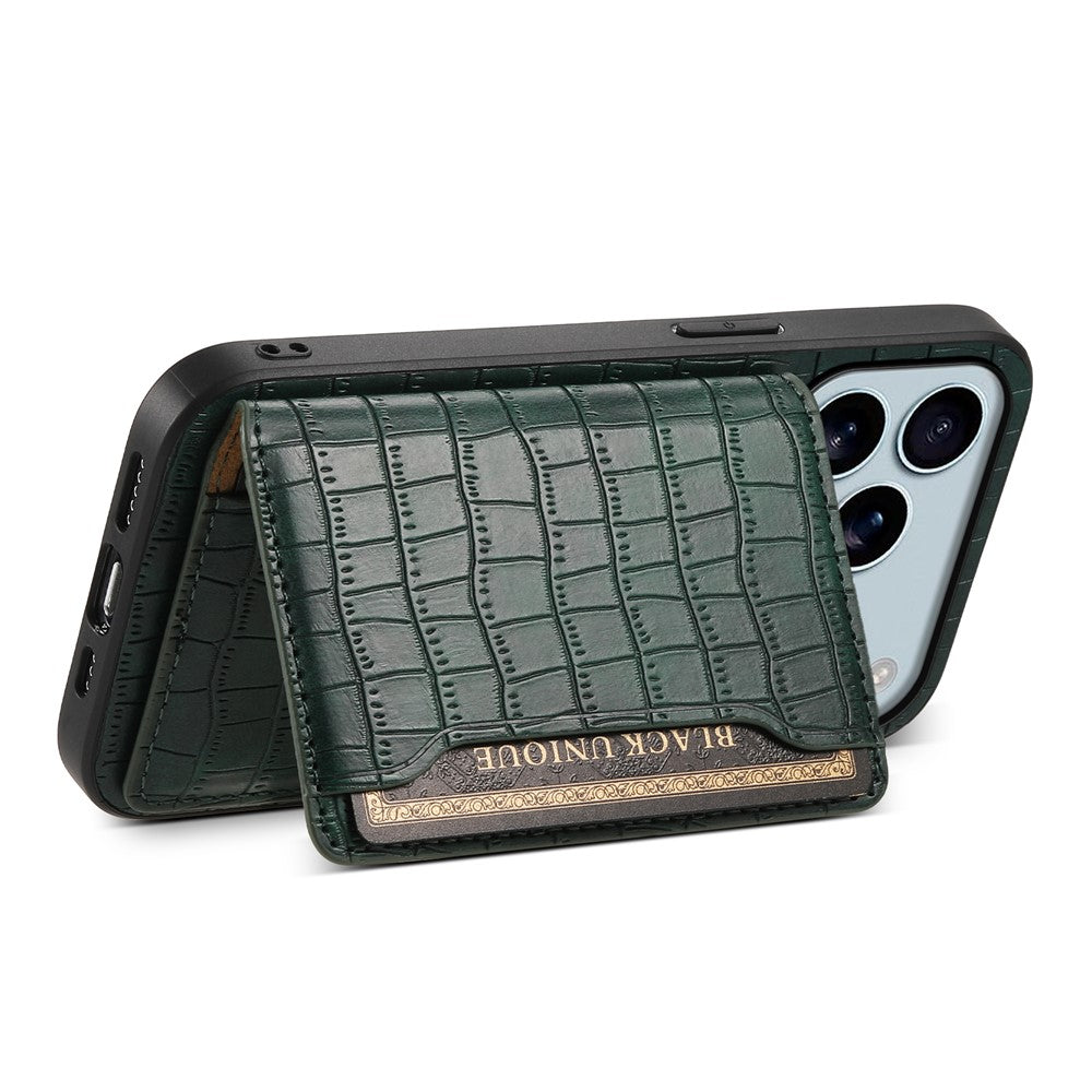 For iPhone 17 Pro Max Case Card Holder Kickstand Crocodile Texture Leather Back Phone Cover - Green