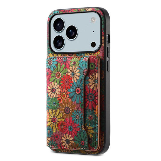 For iPhone 17 Pro Max Case Flower Print Leather + PC + TPU Cover with Card Holder Kickstand - Spring / Green