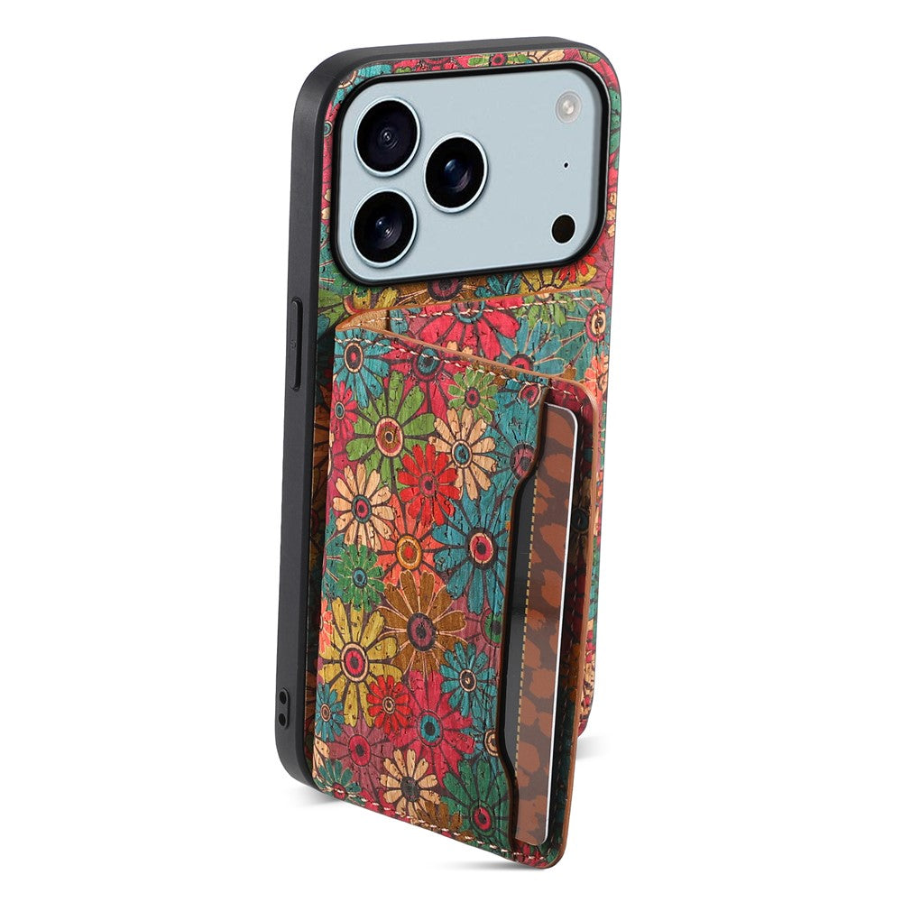For iPhone 17 Pro Max Case Flower Print Leather + PC + TPU Cover with Card Holder Kickstand - Spring / Green