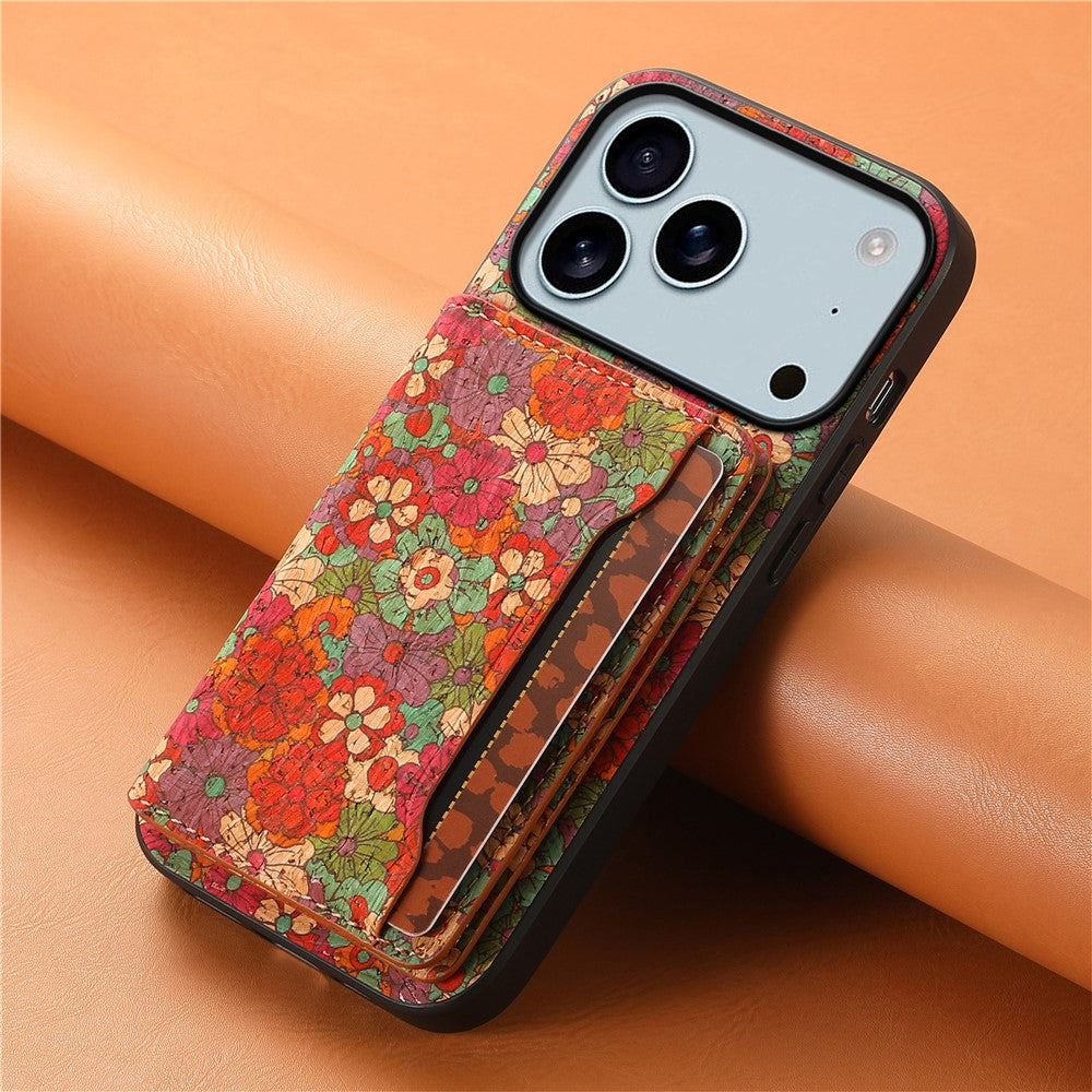 For iPhone 17 Pro Max Case Flower Print Leather + PC + TPU Cover with Card Holder Kickstand - Summer / Red