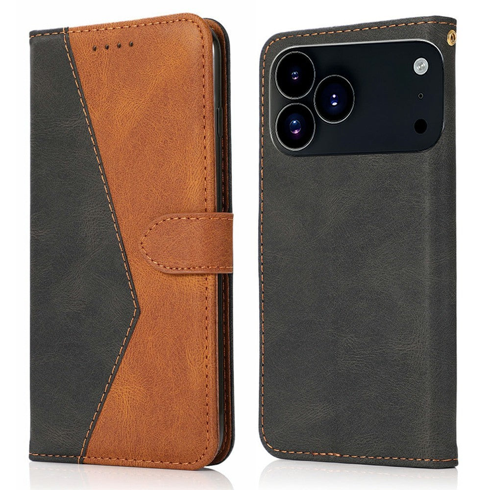 For iPhone 17 Pro Max Case Color Splicing Wallet Stand Leather Phone Cover with Wrist Strap - Black / Brown