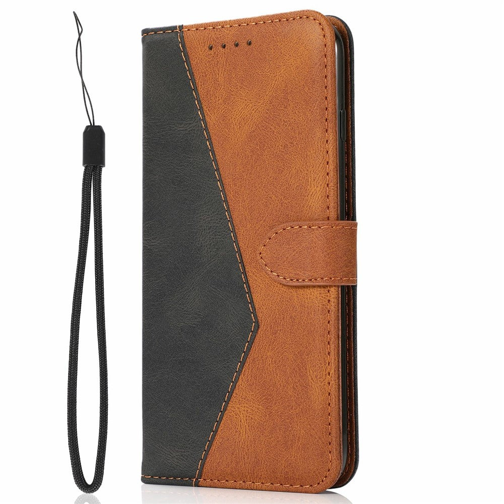 For iPhone 17 Pro Max Case Color Splicing Wallet Stand Leather Phone Cover with Wrist Strap - Black / Brown