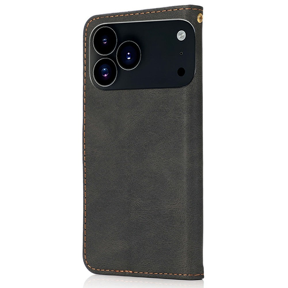 For iPhone 17 Pro Max Case Color Splicing Wallet Stand Leather Phone Cover with Wrist Strap - Black / Brown