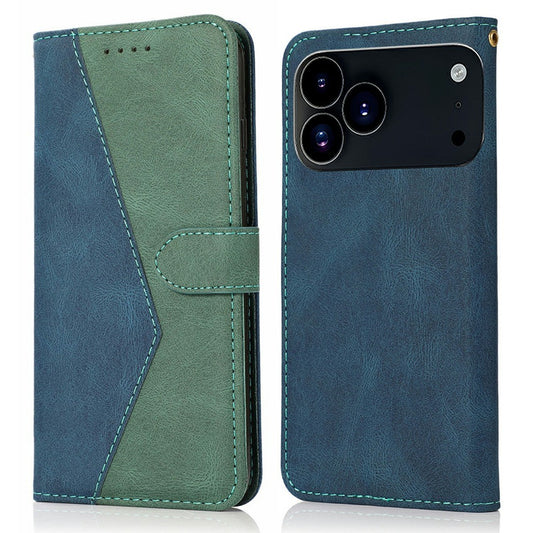 For iPhone 17 Pro Max Case Color Splicing Wallet Stand Leather Phone Cover with Wrist Strap - Blue / Green