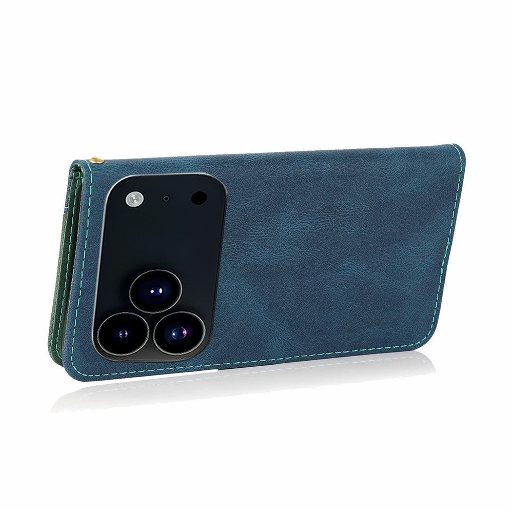 For iPhone 17 Pro Max Case Color Splicing Wallet Stand Leather Phone Cover with Wrist Strap - Blue / Green