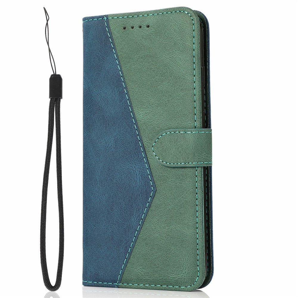 For iPhone 17 Pro Max Case Color Splicing Wallet Stand Leather Phone Cover with Wrist Strap - Blue / Green