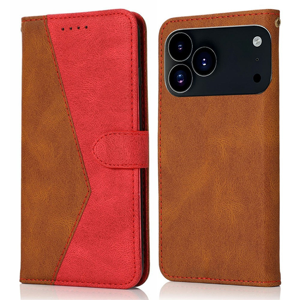 For iPhone 17 Pro Max Case Color Splicing Wallet Stand Leather Phone Cover with Wrist Strap - Brown / Red