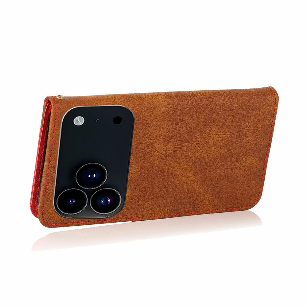 For iPhone 17 Pro Max Case Color Splicing Wallet Stand Leather Phone Cover with Wrist Strap - Brown / Red