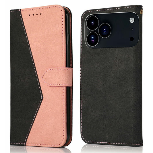For iPhone 17 Pro Max Case Color Splicing Wallet Stand Leather Phone Cover with Wrist Strap - Black / Rose Gold