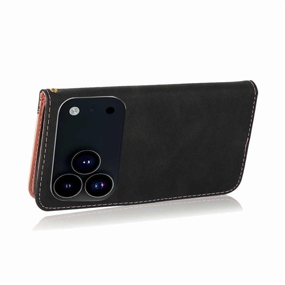 For iPhone 17 Pro Max Case Color Splicing Wallet Stand Leather Phone Cover with Wrist Strap - Black / Rose Gold