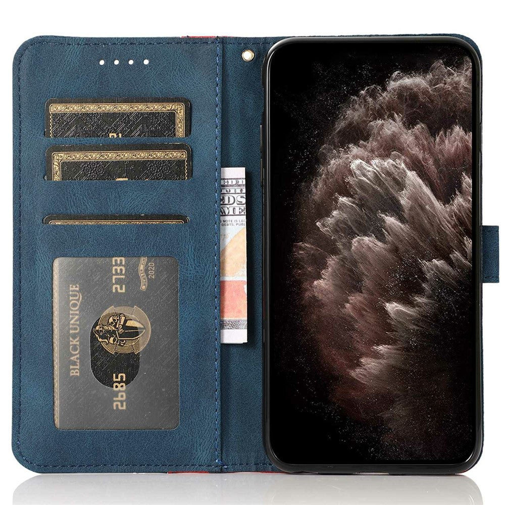 For iPhone 17 Pro Max Case Color Splicing Wallet Stand Leather Phone Cover with Wrist Strap - Red / Blue