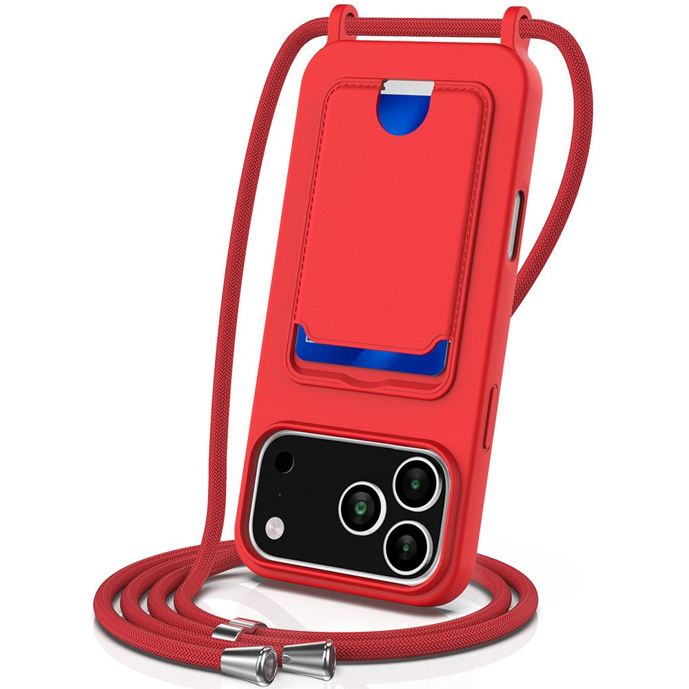 For iPhone 17 Pro Max Case Liquid Silicone Card Holder Back Phone Cover with Lanyard - Red