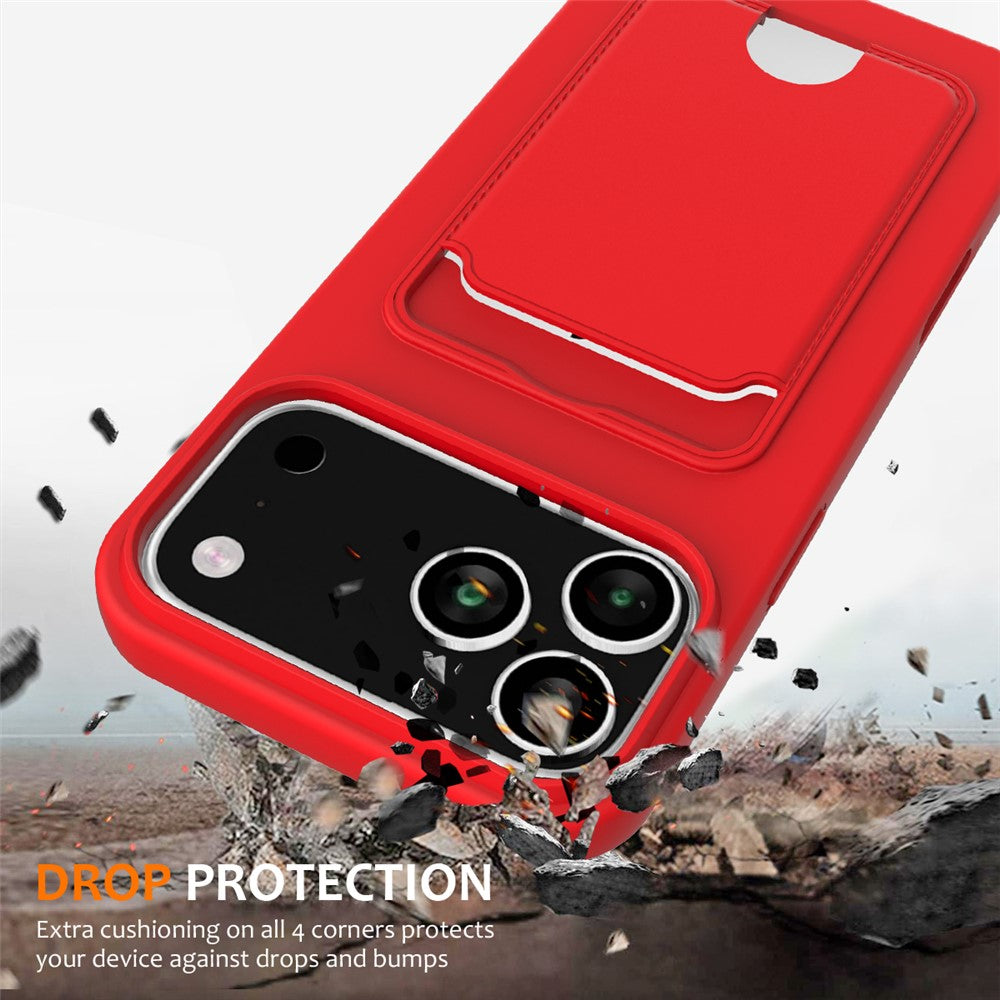 For iPhone 17 Pro Max Case Liquid Silicone Card Holder Back Phone Cover with Lanyard - Red