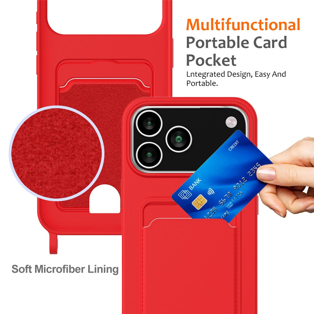 For iPhone 17 Pro Max Case Liquid Silicone Card Holder Back Phone Cover with Lanyard - Red
