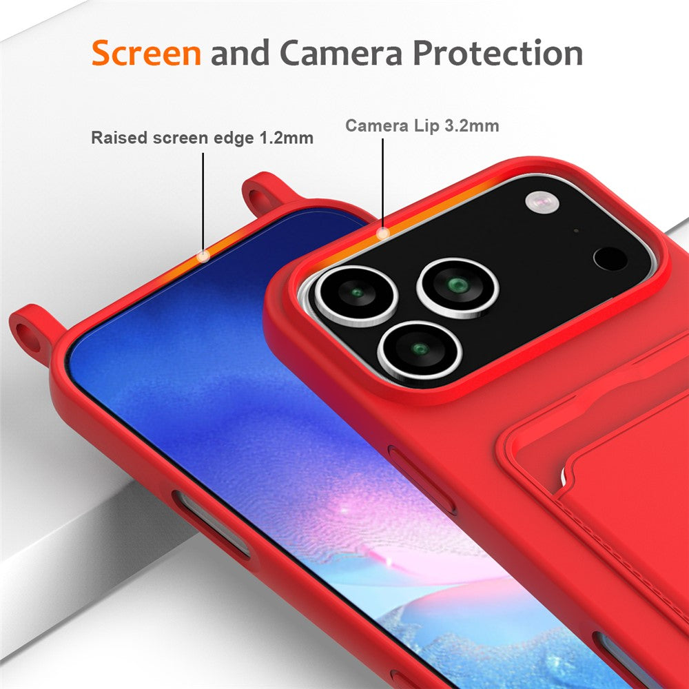 For iPhone 17 Pro Max Case Liquid Silicone Card Holder Back Phone Cover with Lanyard - Red