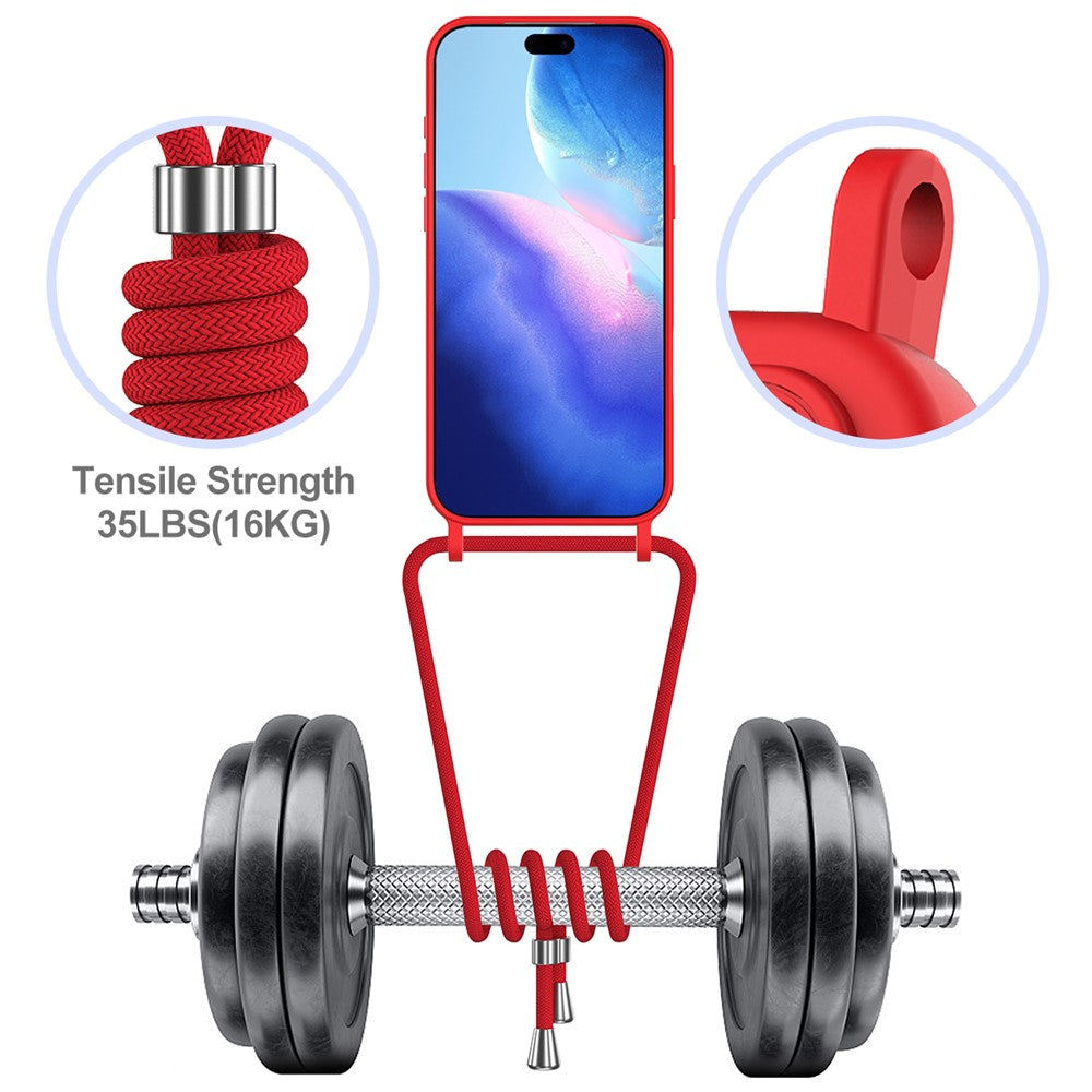For iPhone 17 Pro Max Case Liquid Silicone Card Holder Back Phone Cover with Lanyard - Red