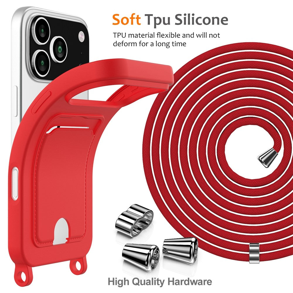 For iPhone 17 Pro Max Case Liquid Silicone Card Holder Back Phone Cover with Lanyard - Red