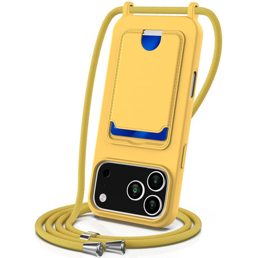 For iPhone 17 Pro Max Case Liquid Silicone Card Holder Back Phone Cover with Lanyard - Yellow