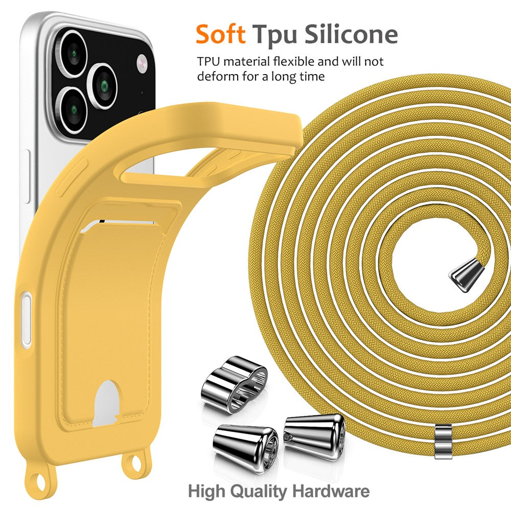 For iPhone 17 Pro Max Case Liquid Silicone Card Holder Back Phone Cover with Lanyard - Yellow