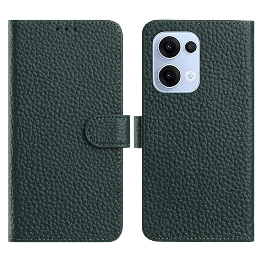 For Oppo Reno13 5G (Global) Case Wallet Stand Litchi Texture Genuine Cow Leather Flip Phone Cover - Green