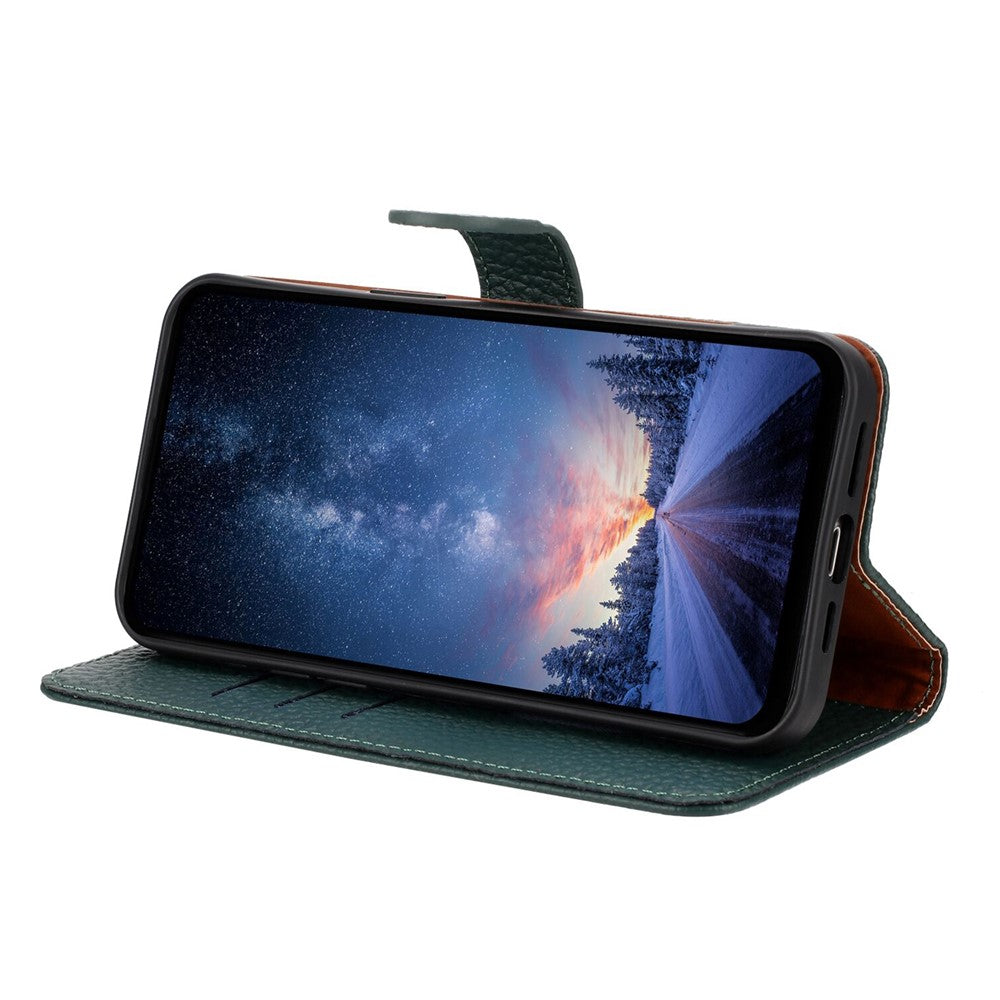 For Oppo Reno13 5G (Global) Case Wallet Stand Litchi Texture Genuine Cow Leather Flip Phone Cover - Green
